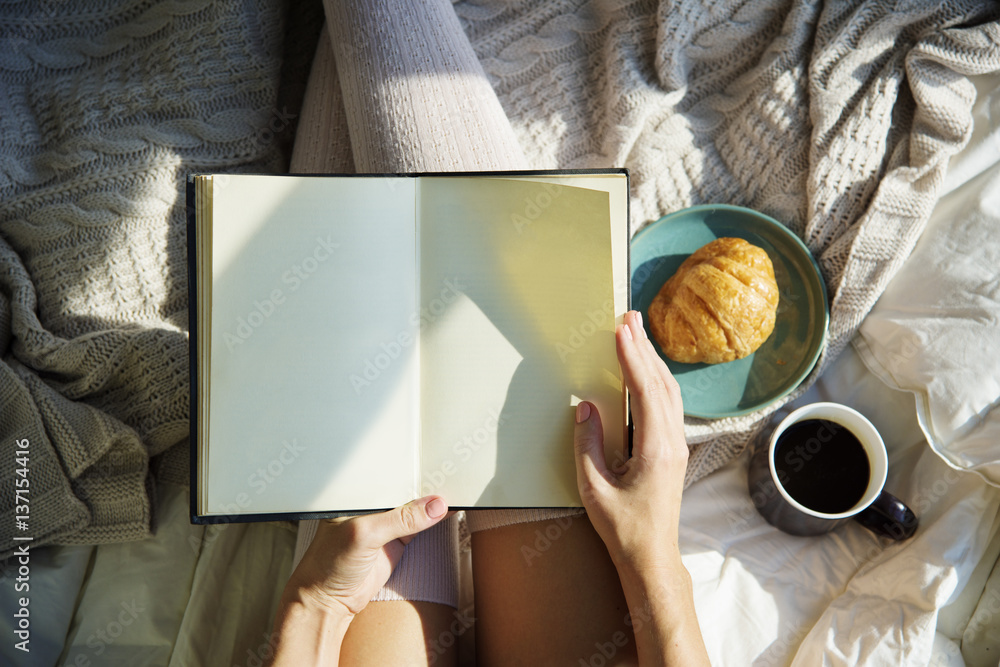 Woman Reading Book Novel On Bed Breakfast Morning - obrazy, fototapety, plakaty 