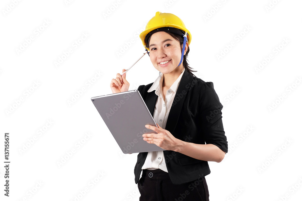 Young woman engineer holding digital tablet wtih smile isolated on white background Young woman engineer holding digital tablet wtih smile isolated on white background