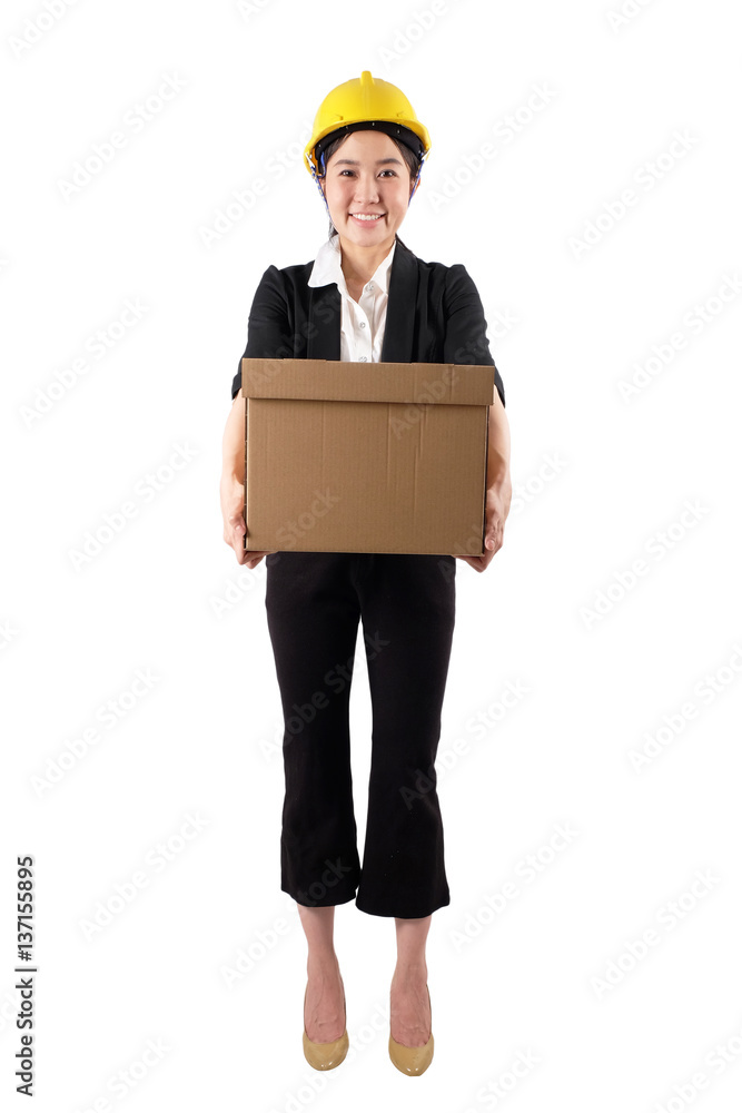 Young woman engineer holding paper box and isolated on white background Young woman engineer holding paper box and isolated on white background