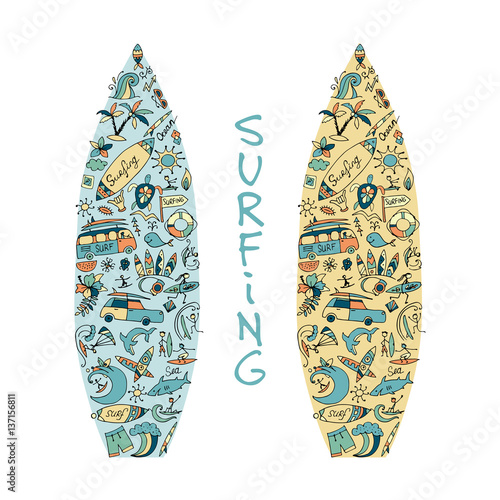 Surfboard sketch, design made from surf icons set