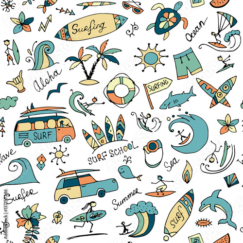 Surfing seamless pattern, sketch for your design