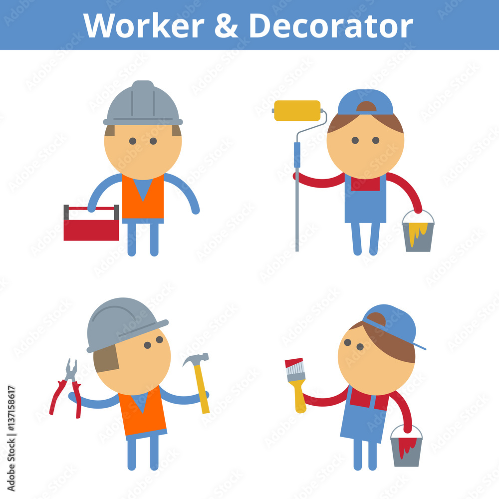 Occupations cartoon character set: workman, worker, painter and decorator. Vector flat manual labor professions userpic and icons. Collection for profiles, web design, social networks and infographic.