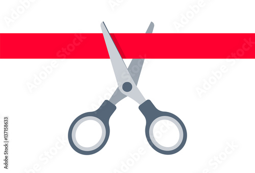 Pair of scissors and red band. Flat concept illustration of cutting with scissors a ribbon, tape at opening ceremony. Vector infographic element for web design, presentations and social networks.