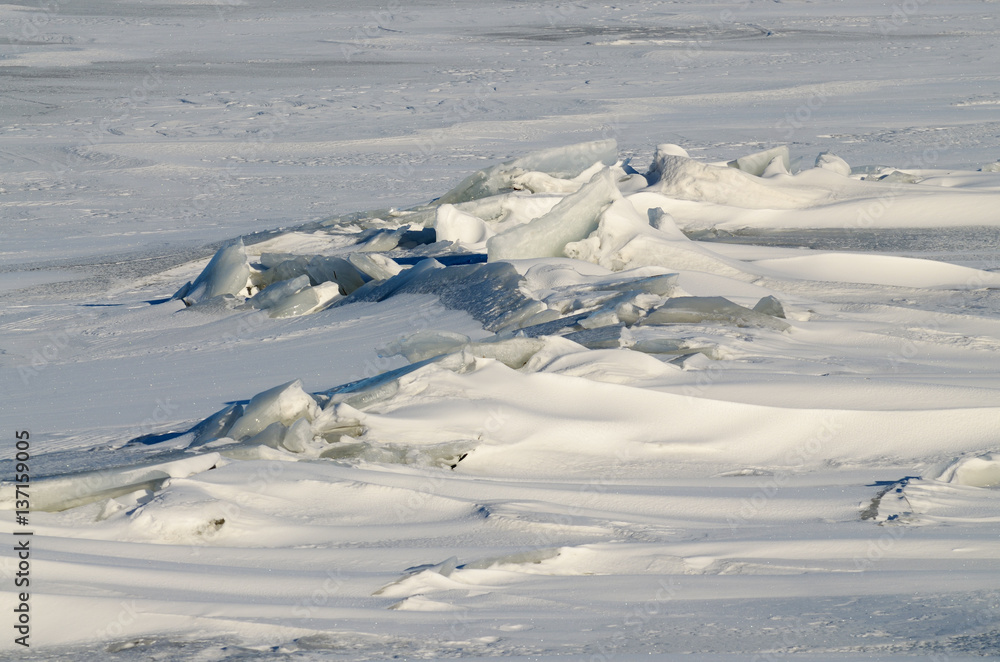 Snow drifts on the river.