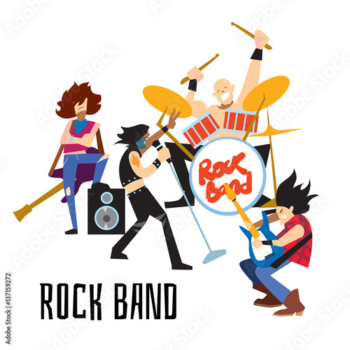 Rock band, music group with musicians concept of artistic people vector illustration. Singer, guitarist, drummer, and bassist isolated characters performing. Rock star music concert in flat design.