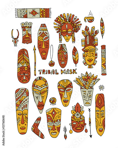 Tribal mask ethnic set, sketch for your design