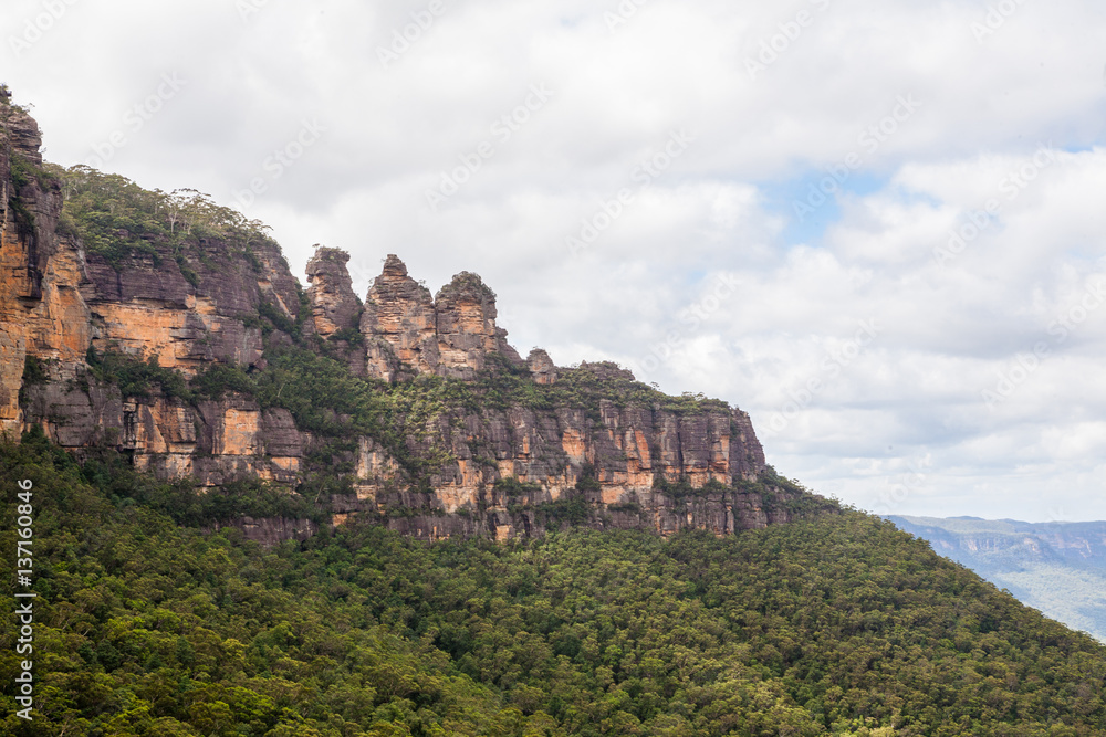 Three sisters rock formation the spectacular landscape of Blue mountains in New South Wales, Australia.