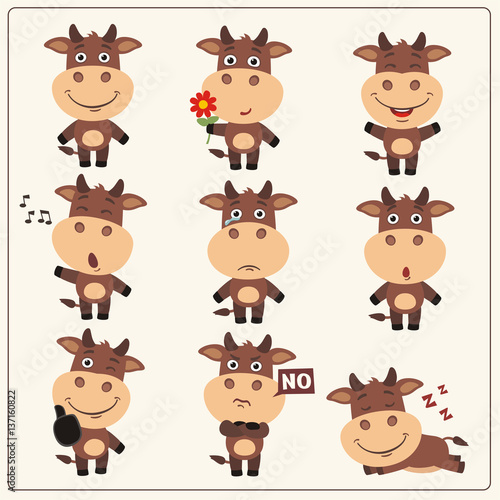 Funny little cow set in different poses. Collection isolated cow in cartoon style.