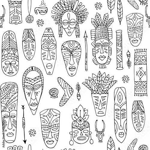 Tribal mask ethnic, seamless pattern, sketch for your design