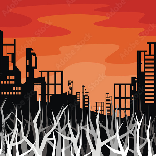The city which has burned out, destroyed by bombings. Vector background. A template for an anti-war poster.