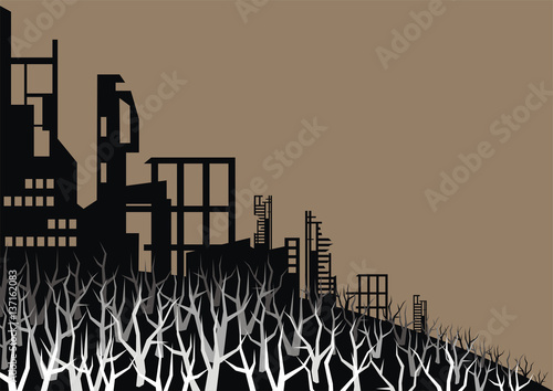 The city which has burned out, destroyed by bombings. Vector background. A template for an anti-war poster.