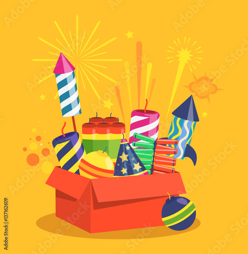 Fireworks and Pyrotechnics in Box on Yellow
