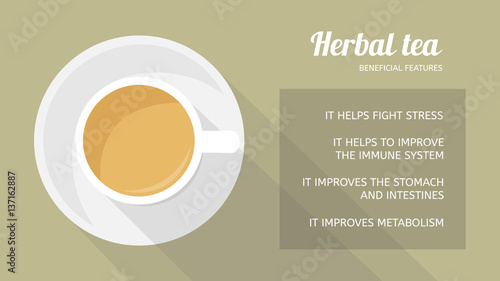 Herbal tea: properties and health benefits. Cup of beverage, top view