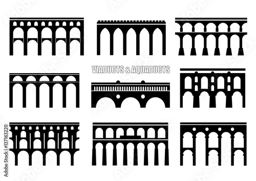 Set of bridge silhouettes. Viaducts, aqueducts, rail and multilevel arched bridges. Concept for logo, icon. photo