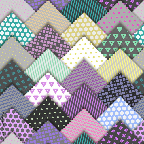 Seamless vector vintage pattern. Paper gray squares with colorful ornaments lying on each other. Holiday packages, wallpaper, background.