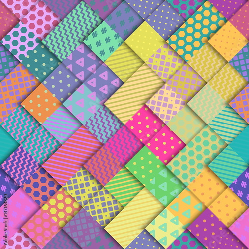 Seamless vector colorful bright pattern. Paper squares of different colors with ornaments lying on each other. Holiday packages, wallpaper, background.
