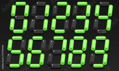 Volumetric green digital numbers from 0 to 9. Electronic numbers mockup. Vector illustration.