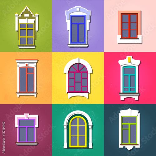 Vector set of flat vintage decorative different windows on colorful grunge facades.