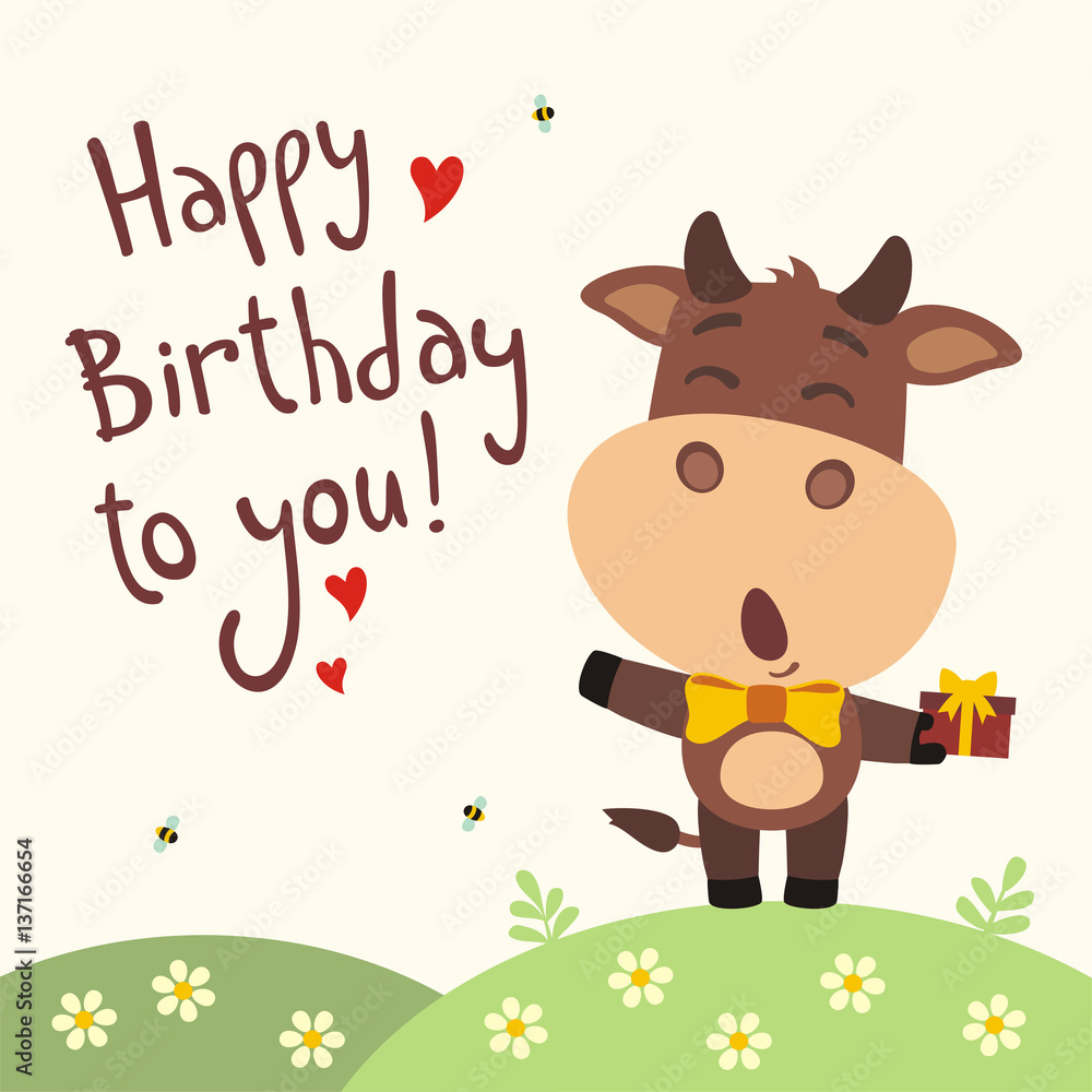 Happy Birthday Funny Cow Images Happy Birthday To You! Funny Cow Sings Birthday Song With Gift In Hand.  Card With Cow In Cartoon Style. Stock Vector | Adobe Stock