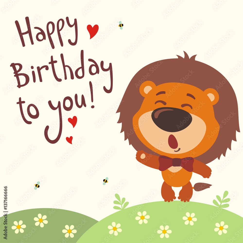Happy birthday to you! Funny lion sings birthday song with gift in hand.  Card with lion in cartoon style. Stock Vector | Adobe Stock