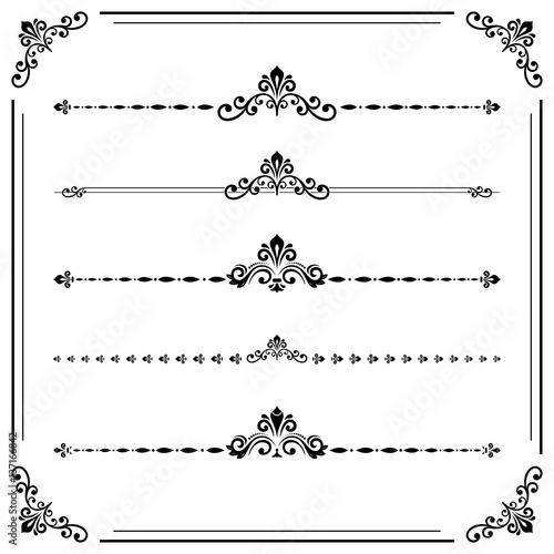 Vintage set of decorative elements. Horizontal separators in the frame. Collection of different black ornaments