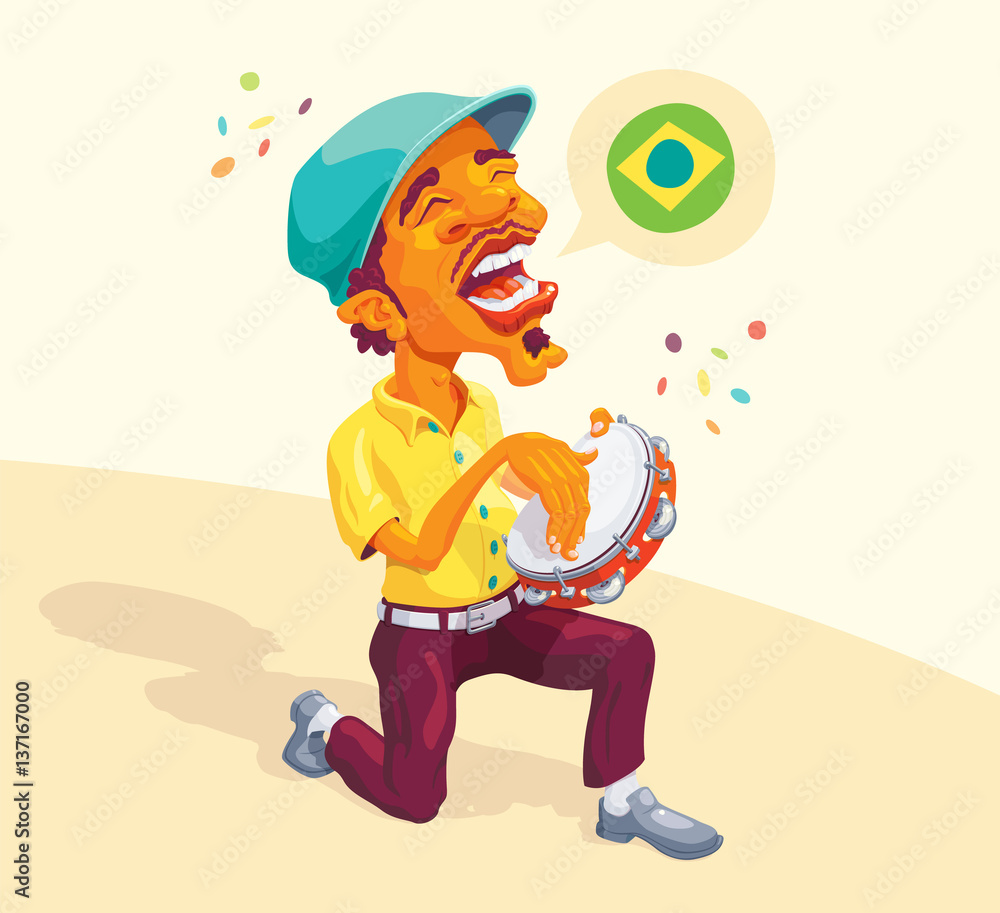 Naklejka premium Brazilian Tambourine Player - Smart guy singing and playing samba