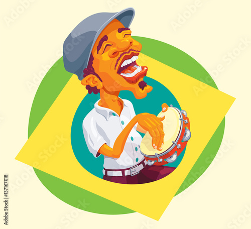 Tambourine player popping up of brazilian flag - Smart guy singing and playing samba photo