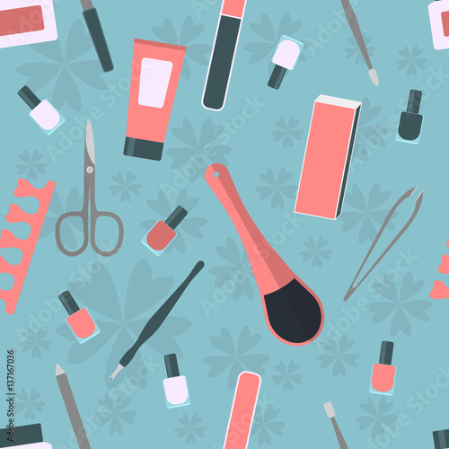 seamless pattern with accessories and tools for manicure and pedicure