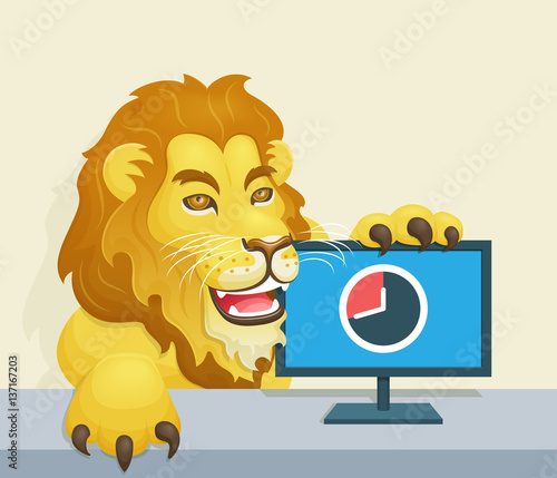 The lion - Brazilian Famous Income Tax Concept - Lion beside monitor representing the deadline for income tax declaration