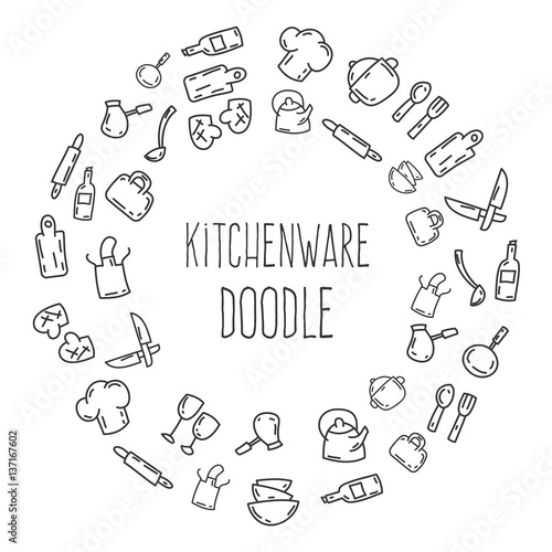 Cartoon funny doodles kitchenware. Hand drawn objects and symbols. Vector illustration for backgrounds, web design, design elements, textile prints, covers, greeting cards.