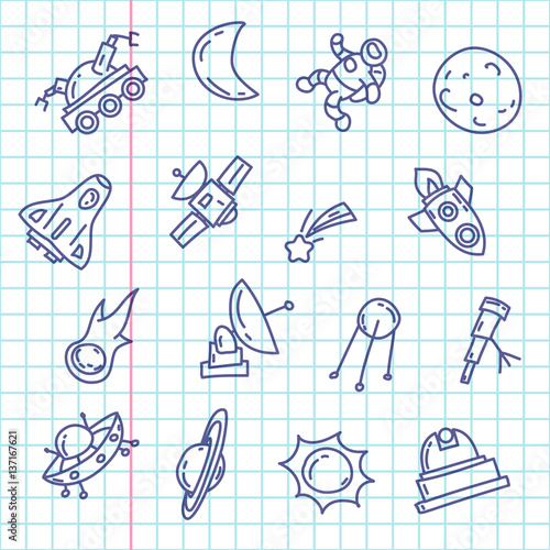 Cartoon doodles space elements drawings on notebook sheet . Hand drawn objects and symbols. Vector illustration for backgrounds, web design, design elements, textile prints, covers, greeting cards.