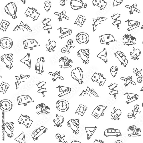 Cartoon funny seamless pattern travel . Hand drawn objects and symbols. Vector illustration for backgrounds, web design, design elements, textile prints, covers, greeting cards.