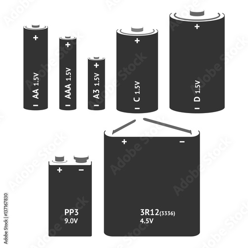 Set with different types of batteries. Vector