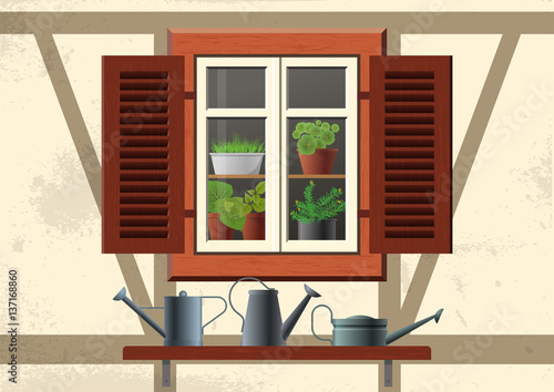 Vector flat illustration about spring, home garden, ecology, cosiness. Half-timbered house and old window with wooden shutters and flowers in pots inside. Shelf with metal watering cans outside.