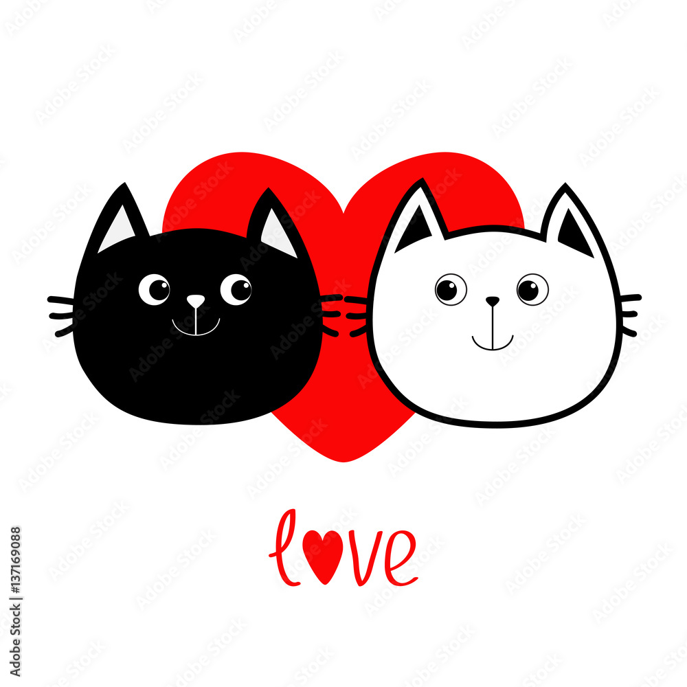 Black White contour Cat head couple family icon. Red heart. Cute funny  cartoon character. Word love Valentines day Greeting card. Kitty Whisker  Baby pet collection background. Isolated. Flat design. Stock Vector