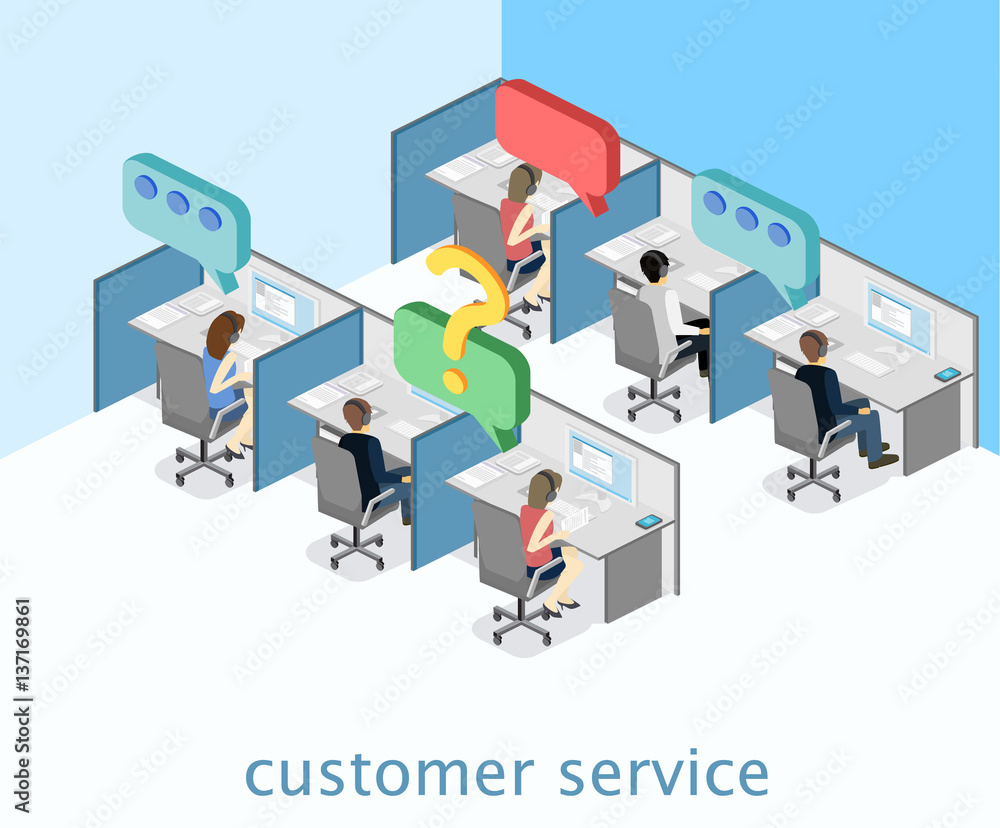Isometric flat 3D interior call center. Customer support. Isometric flat 3D interior call center. Customer support.