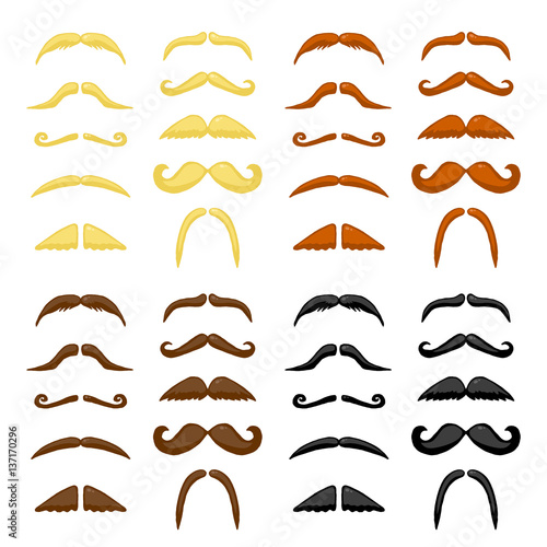 Black  red  brown and blond different types colored mustache. Vector hand drawn illustration