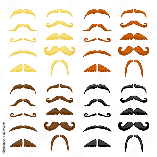 Black, red, brown and blond different types colored mustache. Vector hand drawn illustration