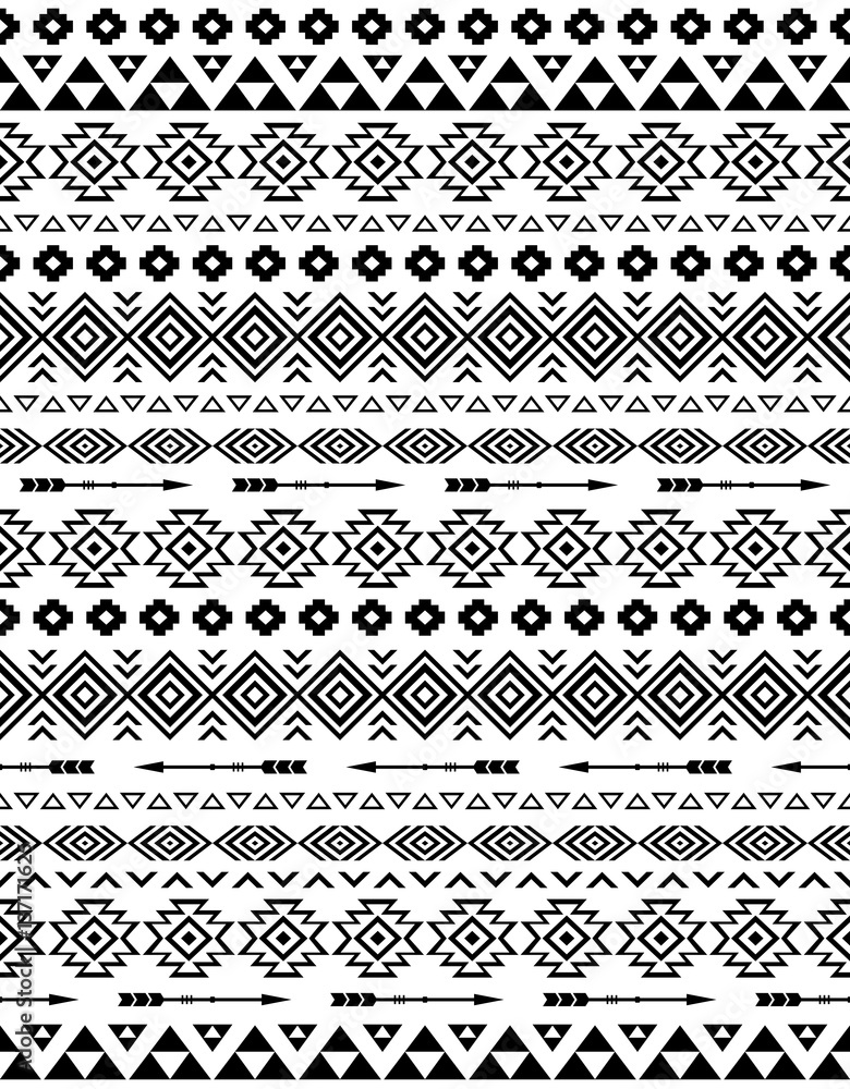 Ethnic pattern design. Seamless pattern. Navajo geometric print. Rustic decorative ornament. Abstract geometric pattern. Native American pattern. Black and white colors Ethnic pattern design. Seamless pattern. Navajo geometric print. Rustic decorative ornament. Abstract geometric pattern. Native American pattern. Black and white colors