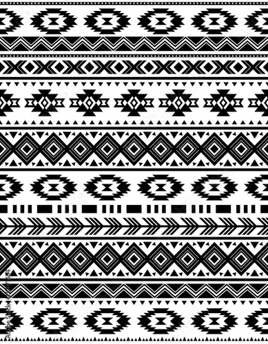 Ethnic pattern design. Seamless pattern. Navajo geometric print. Rustic decorative ornament. Abstract geometric pattern. Native American pattern. Black and white colors