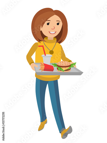 Woman with a tray of food in his hands.