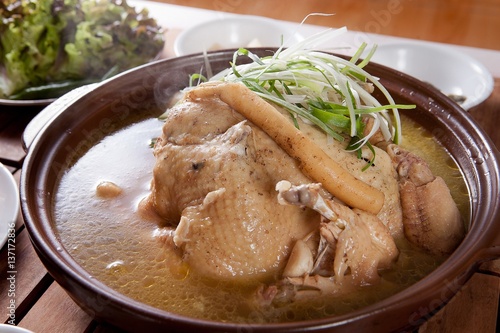 nokdu baeksuk. Boiled Chicken with Rice and Mung Beans