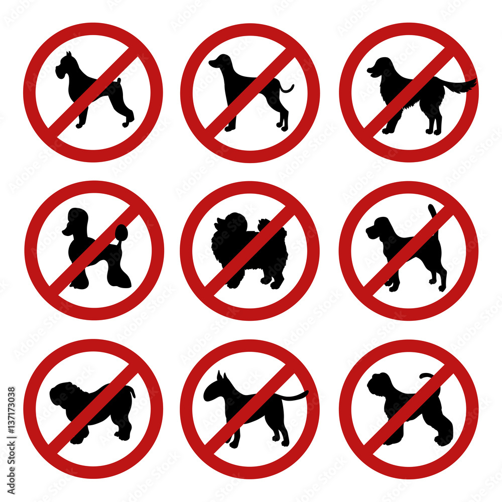 Set of dog prohibition signs. Different breeds. Set of dog prohibition signs. Different breeds.