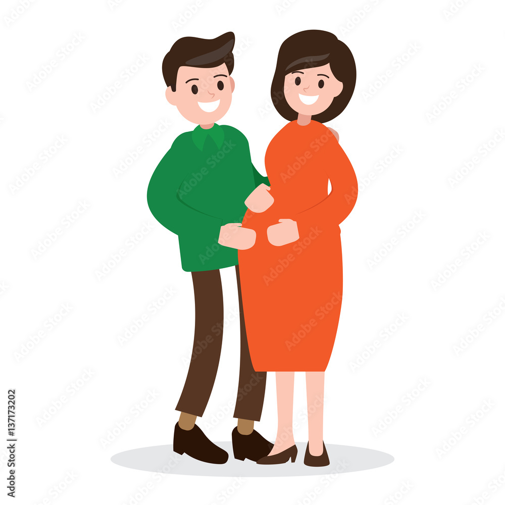 motherhood. happy pregnant woman and husband. vector illustration.