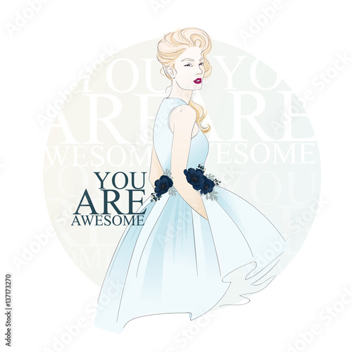 Portrait of young beautiful woman with white anemones on dress. Vector hand drawn illustration.