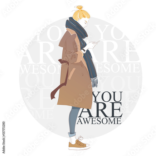 Smartphone addiction. Young woman in fashion hipster jacket an scarf looking at hier smartphone. Vector illustration