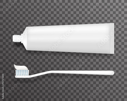 Toothbrush and tube of toothpaste template realistic 3d transparent background vector illustration