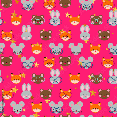 Cute seamless pattern with animal head and golden stars background. Teddy bear  rabbit  fox and mouse. Cute Japanese anime style.