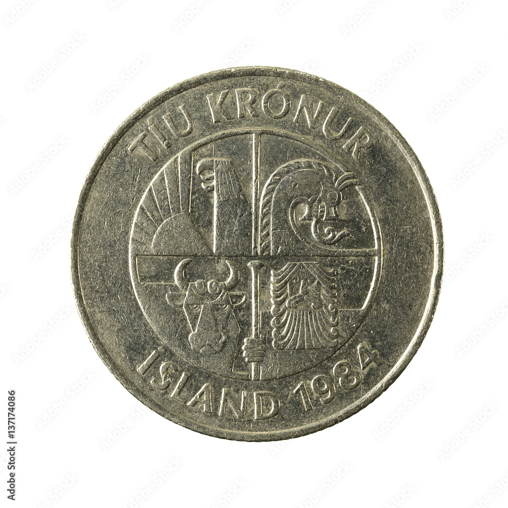 10 icelandic krona coin (1984) reverse isolated on white background 10 icelandic krona coin (1984) reverse isolated on white background