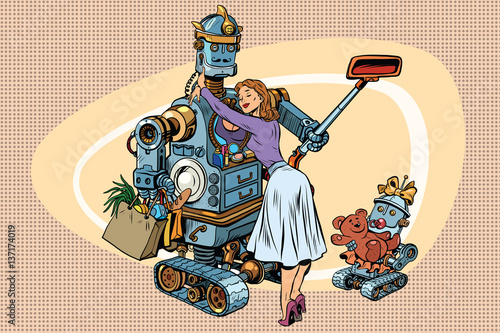 Vintage retro family, dad robot wife and child